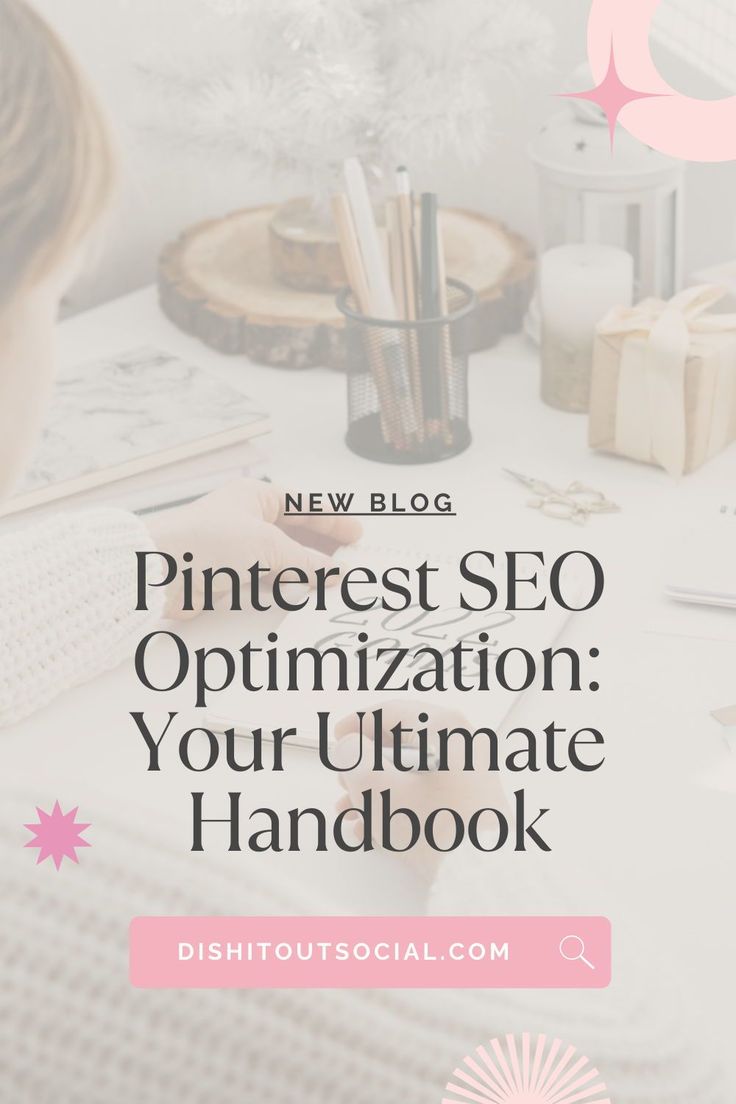 a woman sitting at a desk with the words pinterest seo optimitation your ultimate