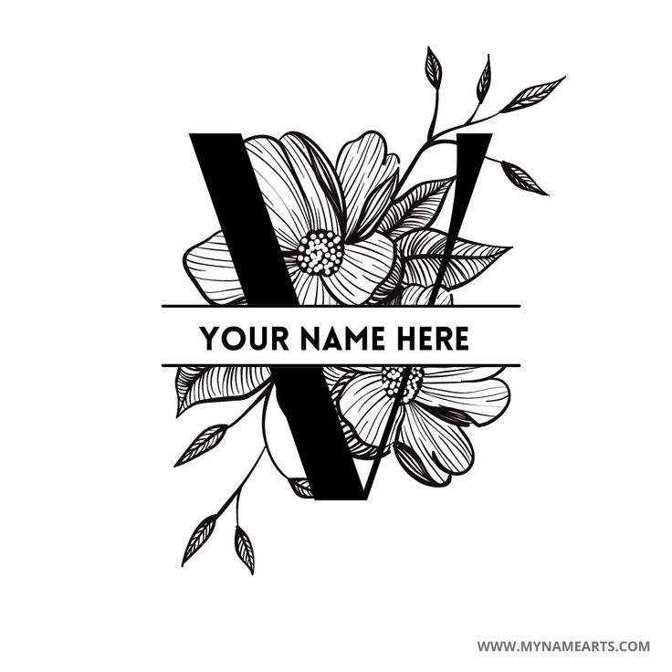 the letter v with flowers and leaves is shown in this black and white logo design