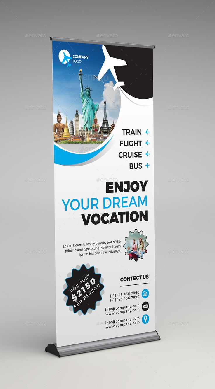 a roll up banner with an image of the statue of liberty in the background and text that reads, enjoy your dream vacation