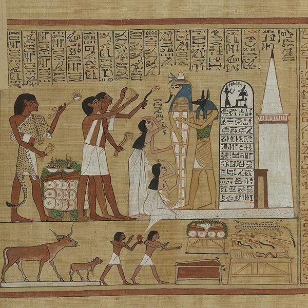 an egyptian painting with people and animals