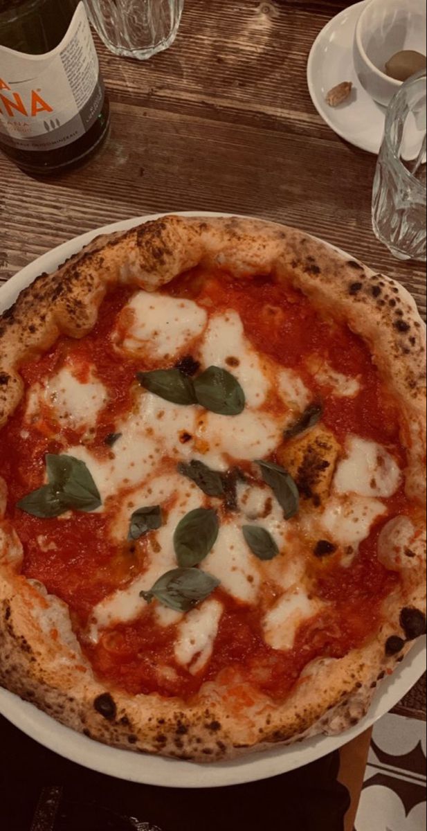 a pizza sitting on top of a white plate covered in sauce and cheese with green leaves