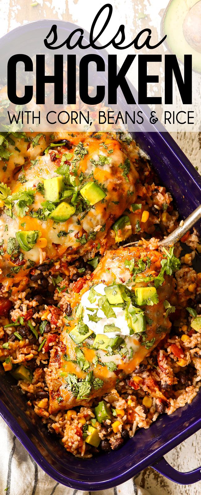 salsa chicken with corn, beans and rice in a blue casserole dish