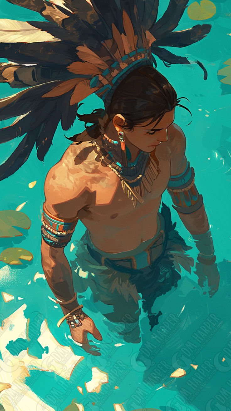 an illustration of a native american man in the water with feathers on his head and chest