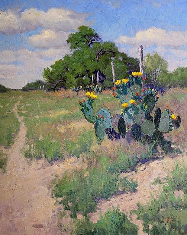 a painting of a cactus in the middle of a field with yellow flowers on it