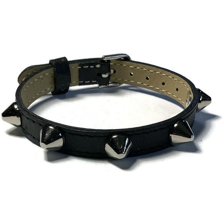 "Blunt Spike Studded Leather Bracelet Wristband, 10mm Flat Black Leather Buckle Bracelet Wristband With Spike Studs, Spiked Flat Leather This black leather wristband is 8mm wide and about 8 inches long.   It can fit a wrist from 5.5\"  to 7.5\" around.  The strap is made of Genuine leather and are stamped as such on the back. They are sewn around the edges for more durability.                                                       It has 5 Silver screw back blunt Spike Studs evenly spaced across Adjustable Black Spiked Jewelry, Adjustable Silver Punk Leather Bracelet, Adjustable Silver Leather Punk Bracelet, Silver Adjustable Punk Leather Bracelet, Adjustable Punk Style Leather Band Bracelet, Adjustable Punk Band Jewelry, Punk Style Adjustable Band Jewelry, Edgy Adjustable Leather Bracelet For Gifts, Edgy Adjustable Leather Bracelet As Gift