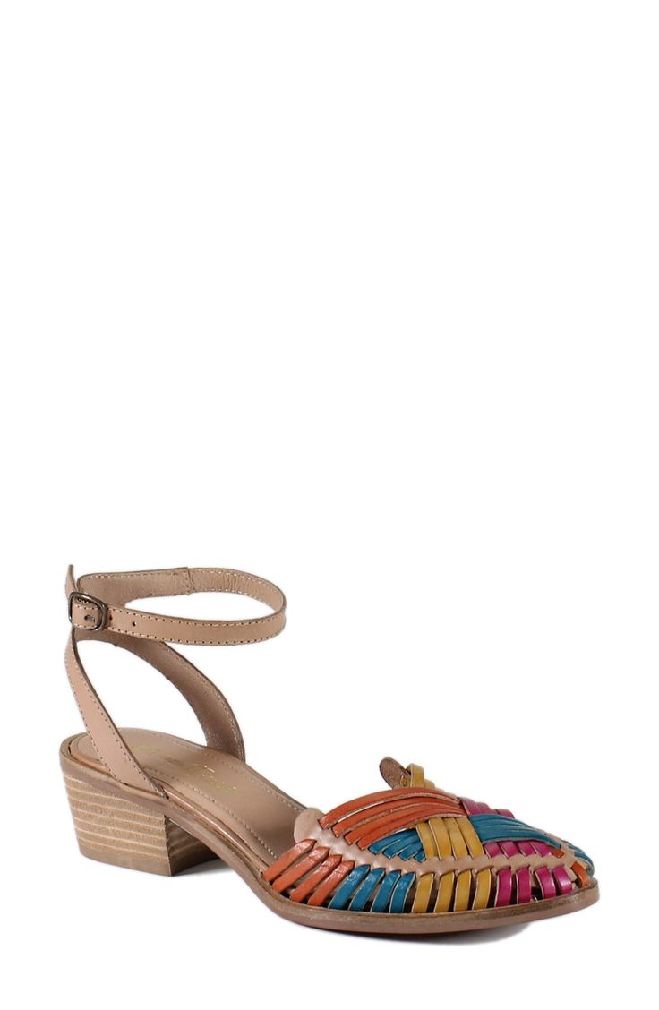 A mixture of hues highlights the huarache weaving of this breezy ankle-strap sandal set on a low block heel. 1 3/4" heel Adjustable ankle strap with buckle closure; hidden elastic inset Cushioned footbed Leather upper and lining/synthetic sole Imported Vacation Sandals With Stacked Low Heel, Low Heel Sandals With Stacked Heel For Vacation, Beach Block Heels With Ankle Strap And Heel Strap, Multicolor Closed Toe Sandals With Buckle Closure, Block Heels With Ankle And Heel Straps For Beach, Casual Block Heels With Heel Strap, Casual Low Block Heels With Heel Strap, Casual Low Block Heels With Strap, Vacation Ankle Strap Heels With Stacked Heel