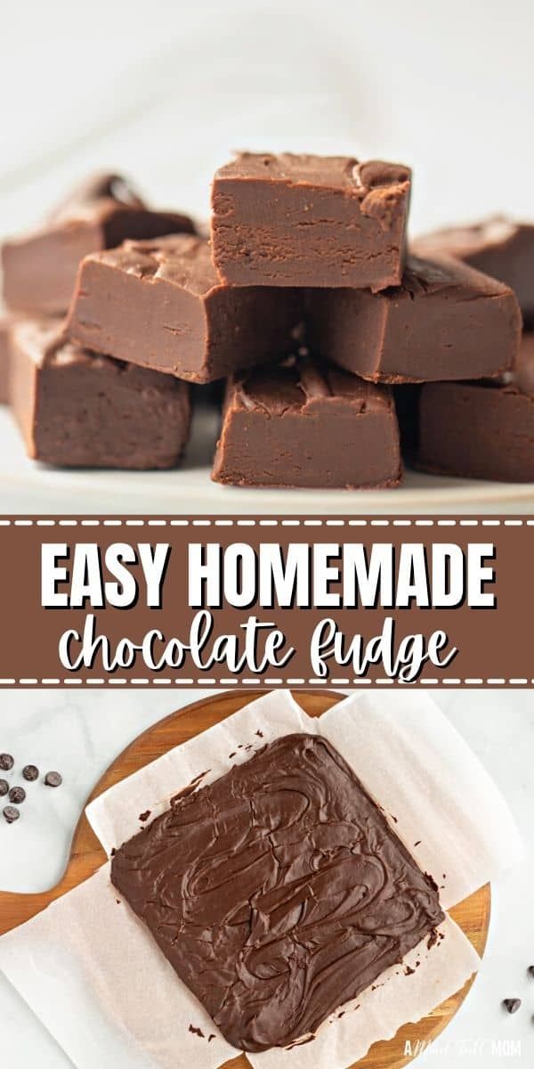 easy homemade chocolate fudge recipe on a cutting board with the title in the middle