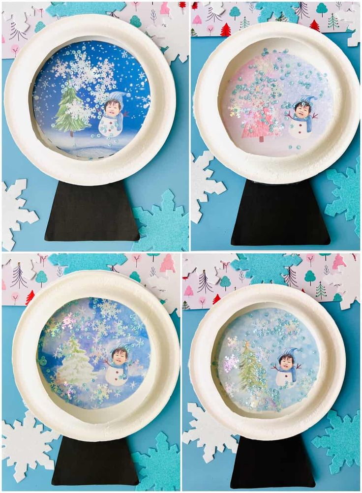 four different pictures of snowmen and trees in a bowl with paper plates on top