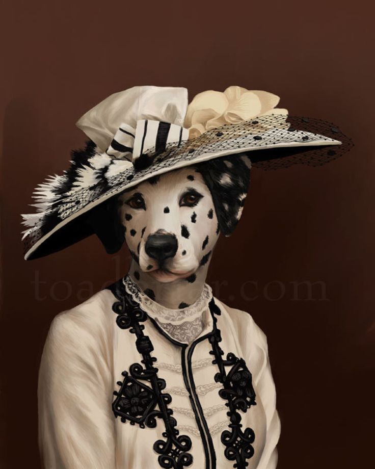 a painting of a dog wearing a white hat with black and white decorations on it