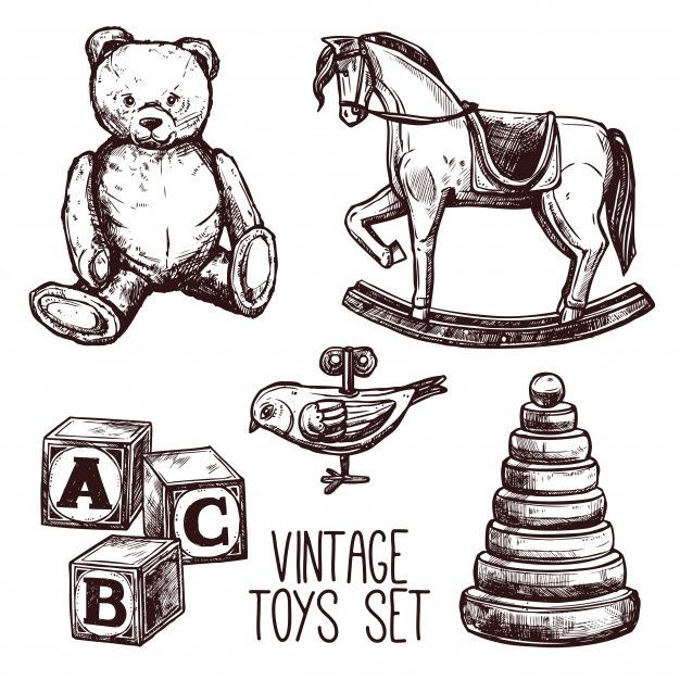 vintage toys set with teddy bear, rocking horse and wooden blocks stock photo - 9597