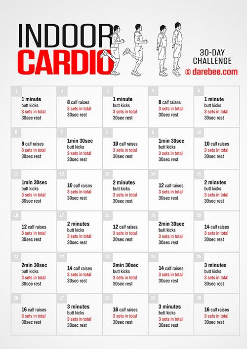 the indoor cardio workout plan is shown in red and white, with instructions for how to