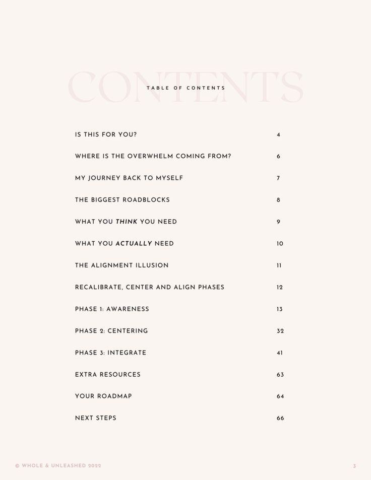 the contents of a table of contents in pink and white, with text on it