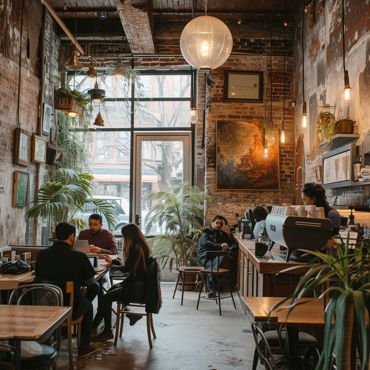 people sitting at tables in a restaurant with potted plants on the walls and windows