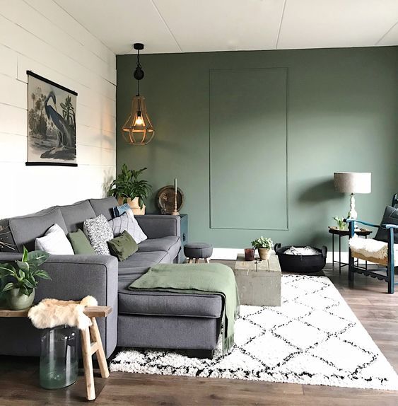 a living room with green walls and white rugs on the hardwood floor, along with two gray couches