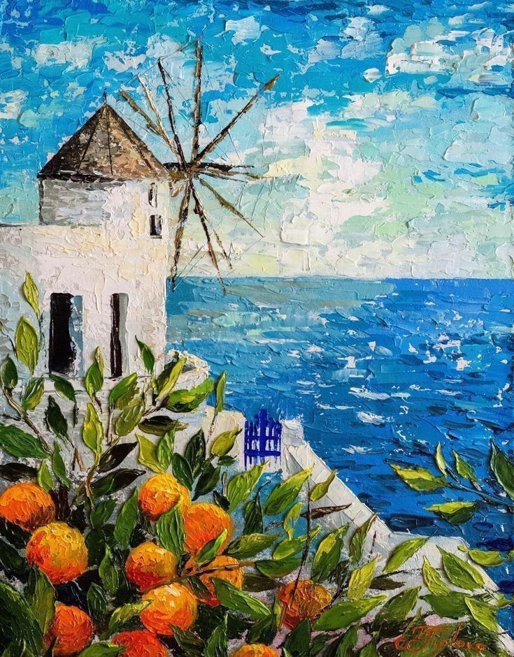 a painting of an orange tree by the ocean with a windmill in the background and blue sky