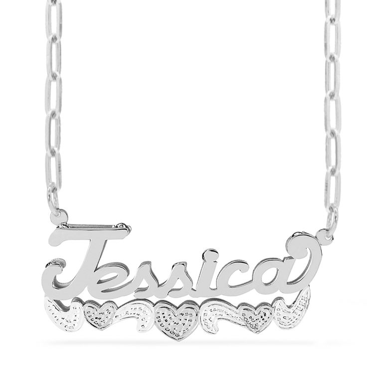 This Rhodium Beaded "Double" Nameplate is available in 925 Sterling silver. This design Choose up to 10 characters to make your unique name. Customizable With: Names, or Words Closure: Lobster Clasp Metal Plating Selection: Sterling Silver 14k Gold over Silver Two-Tone. Sterling Silver Engraved Sterling Silver Necklace, Customizable Silver Jewelry For Jewelry Making, Custom Engraved Sterling Silver Necklace, Silver Nameplate Custom Necklace, Silver Engraved Nameplate Necklaces, Silver Hallmarked Nameplate Jewelry, Custom Silver Nameplate Necklace, Silver Pendant Necklace With Polished Finish, Custom Engraved Silver Nameplate Necklace