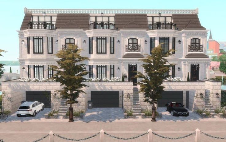 an artist's rendering of a two story house with cars parked in front