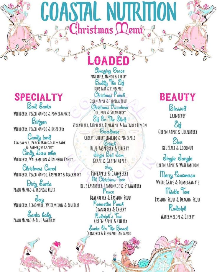 a christmas menu with pink flamingos and other things to eat for the holiday season