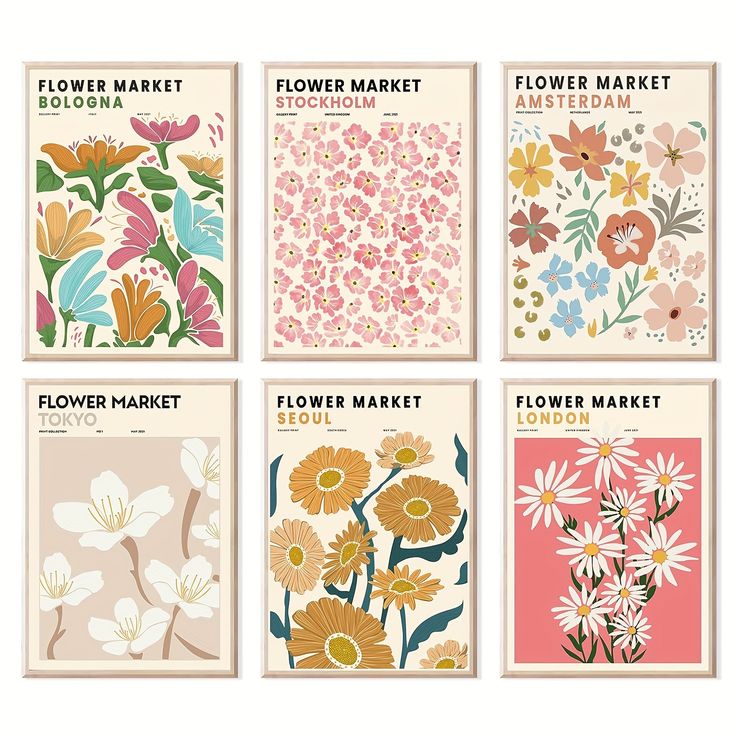 four flower market posters with different flowers on them