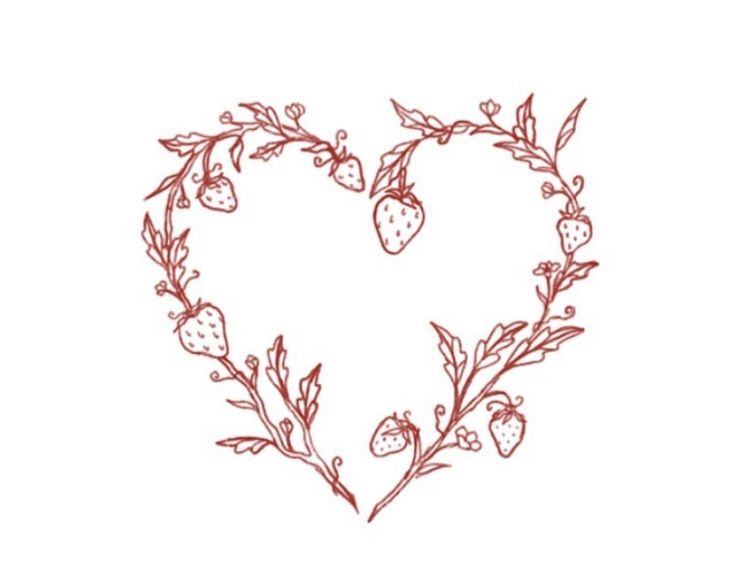 a heart shaped frame with strawberries and leaves on it's sides, drawn in red ink