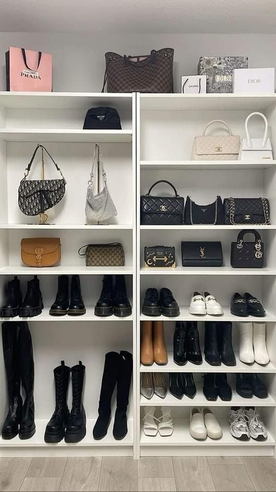 a closet filled with lots of different types of shoes and handbags on shelves next to each other