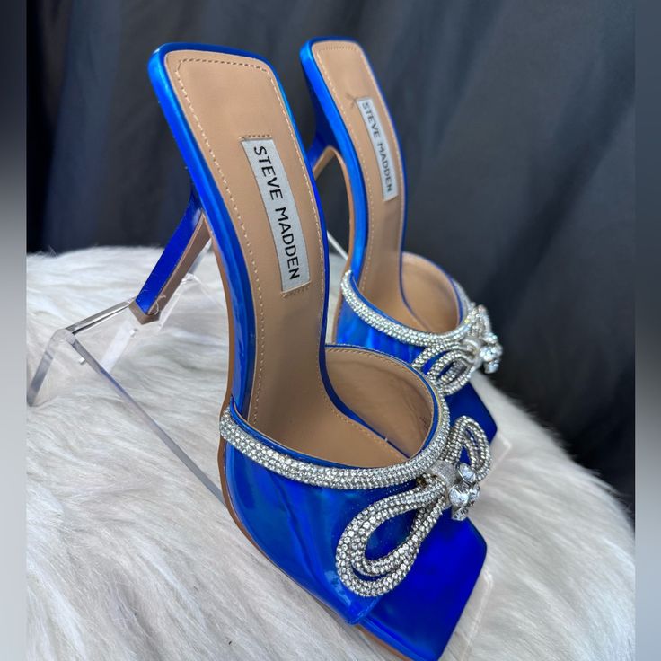 Excellent Condition, Never Worn Heel Height Approx. 4 Inches Glamorous Rhinestone Design Fast Shipping Smoke & Pet Free Home Blue Open Toe Sandals For Cocktail, Blue Heels With Rhinestones And Round Toe, Blue Prom Heels, Glamorous Blue High Heel Sandals, Elegant Blue Synthetic Heels, Blue Embellished Heels For Cocktail, Glamorous Blue Open Heel Heels, Glamorous Blue Sandals For Wedding, Glamorous Blue Party Sandals