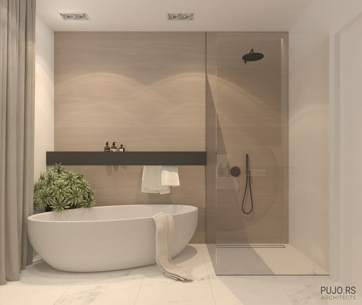 a bathroom with a tub, shower and plants in the corner on the counter top