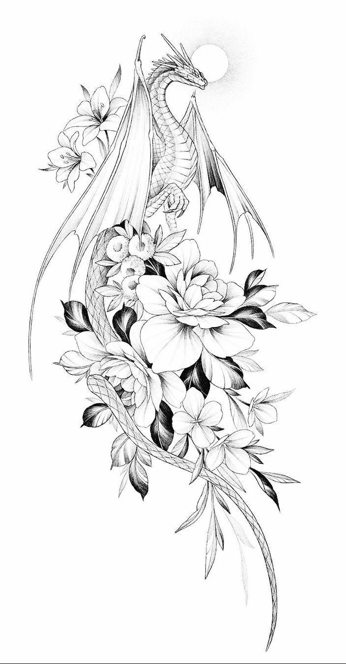 a black and white drawing of a dragon with flowers on it's back side