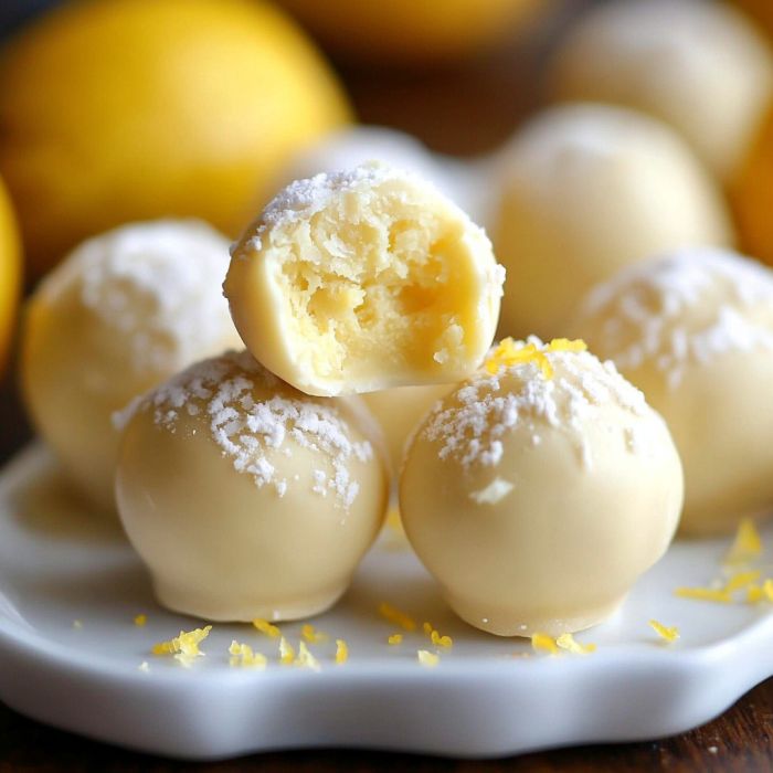 some desserts are sitting on a white plate with lemons in the back ground