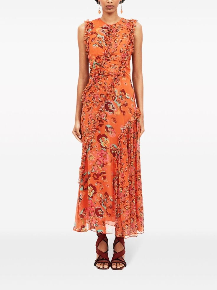 Find ULLA JOHNSON Avrelle Dress on Editorialist. orange silk floral motif ruffled detailing sleeveless crew neck ankle-length Silk Sleeveless Dress For Fall, Sleeveless Silk Dress For Fall, Fall Sleeveless Silk Dress, Orange Silk Spring Dress, Orange Silk Dress With Floral Print, Orange Silk Maxi Dress For Summer, Sleeveless Floral Print Maxi Dress For Fall, Sleeveless Ruffled Maxi Dress For Fall, Fall Floral Print Sleeveless Maxi Dress