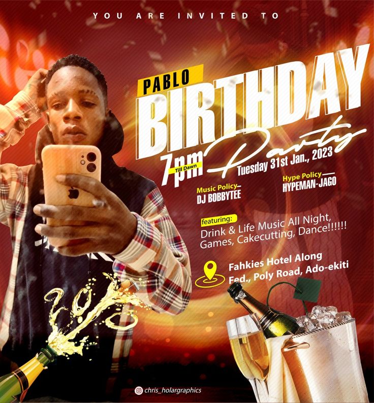 a flyer for a birthday party with a man holding a cell phone