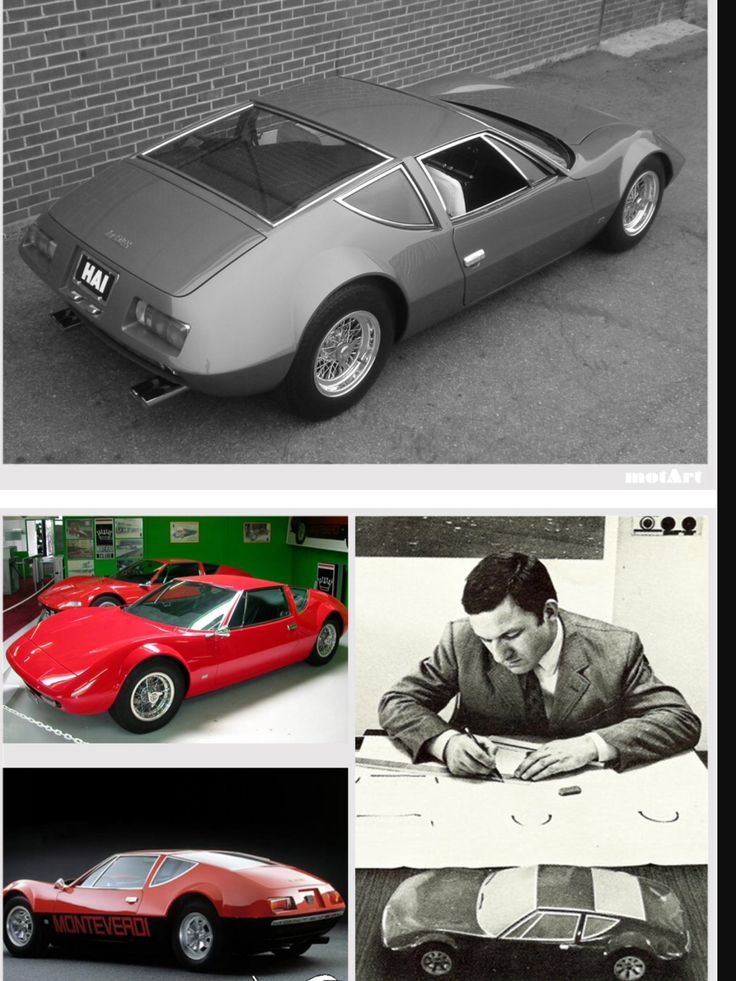 four different photographs of cars in black and white, with one showing a man writing