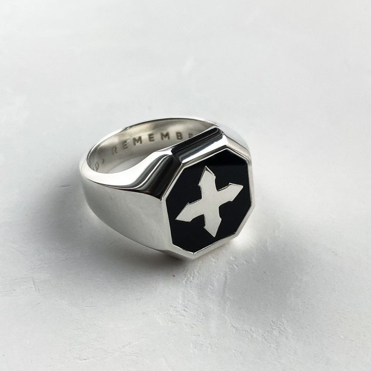 SIGNET RING PASTOR WITH BLACK ENAMEL | SILVER Luxury Black Enamel Sterling Silver Ring, Modern Black Enamel Signet Ring, Formal White Gold Enamel Ring With Black Detail, White Gold Enamel Rings With Polished Finish, Formal White Gold Ring With Black Enamel, Modern Black Sterling Silver Signet Ring, Black Enamel Rings For Anniversary, Formal Silver Enamel Rings, Luxury Silver Enamel Ring As A Gift