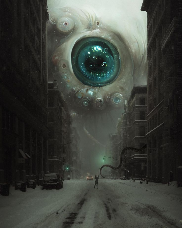 a person standing in the middle of a snowy street with an eyeball above them