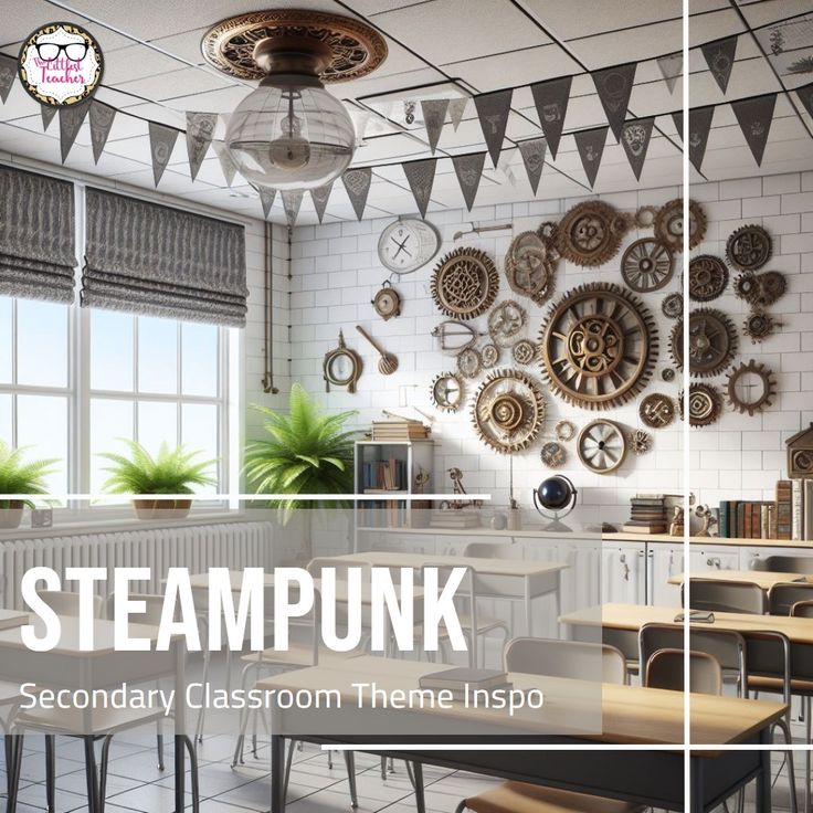 an image of a classroom with steampunk decorations on the wall and desks