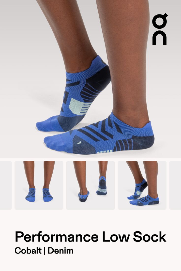 The running sock for understated comfort. Perfect for warm days and race days. Your new secret weapon Fit in focus - The pattern at the arch triggers sensory receptors to prime your feet for the run while Swiss engineering keeps the sock firmly in place. Expect improved fit and improved quality for performance standards that don't slip. Weather win - Made with 95% recycled polyamide and technical mesh paneling that balances temperature: cooling when things heat up, warm enough that you won't get cold feet. The ideal sock for whatever you're about to take on. Support when you need it - In an improved ultralight minimalist design made using recycled materials, the new Performance Low Sock is anatomically shaped to hug the foot for gentle support | On Women's Performance Low Sock in Cobalt/De Functional Training Socks With Arch Support, Casual Blue Running Socks, Functional No-show Running Socks, Blue Anti-odor Sports Socks, Blue Breathable Running Socks, Functional Blue Socks For Training, Comfortable Blue Sports Socks, Blue Anti-odor Running Socks, Blue Anti-odor Socks For Running