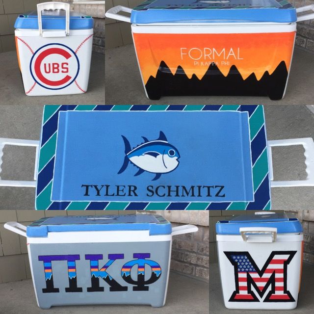 four coolers with different logos on them