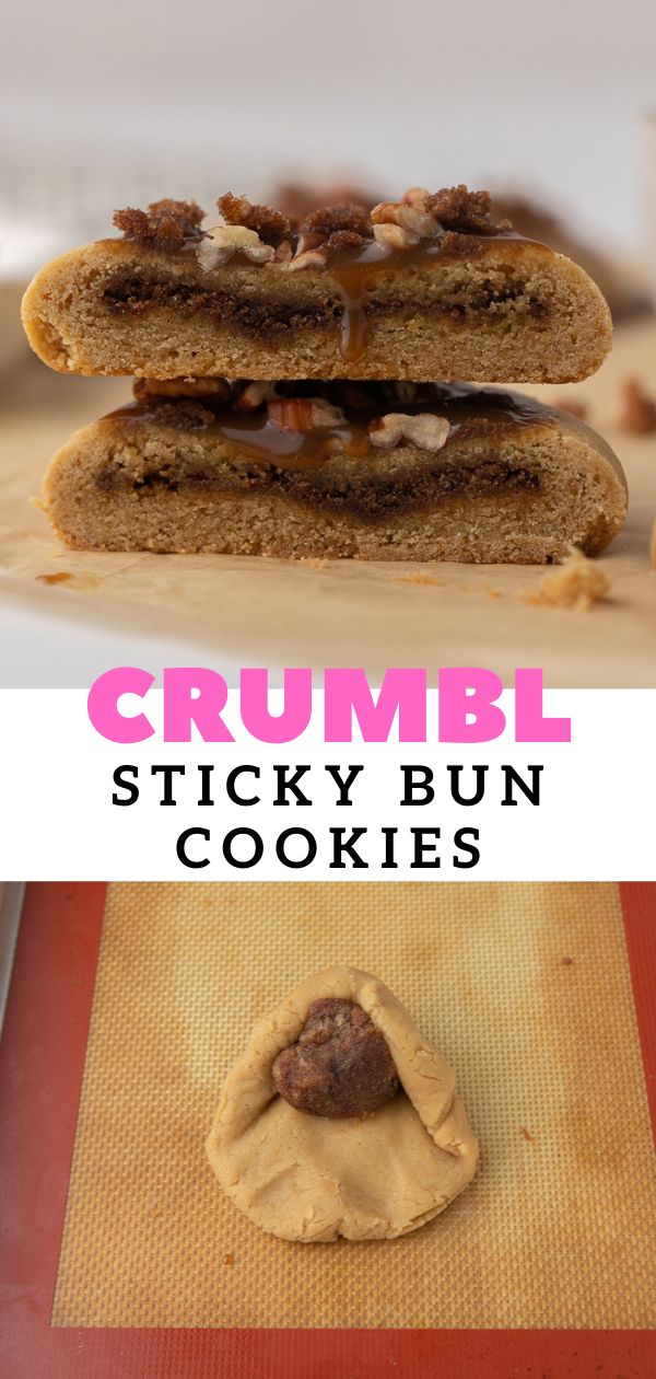 crumbl sticky bun cookies are stacked on top of each other with the words crumbl written above them