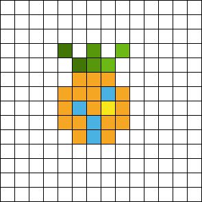 a cross stitch pattern with an orange and blue square in the center, surrounded by smaller squares