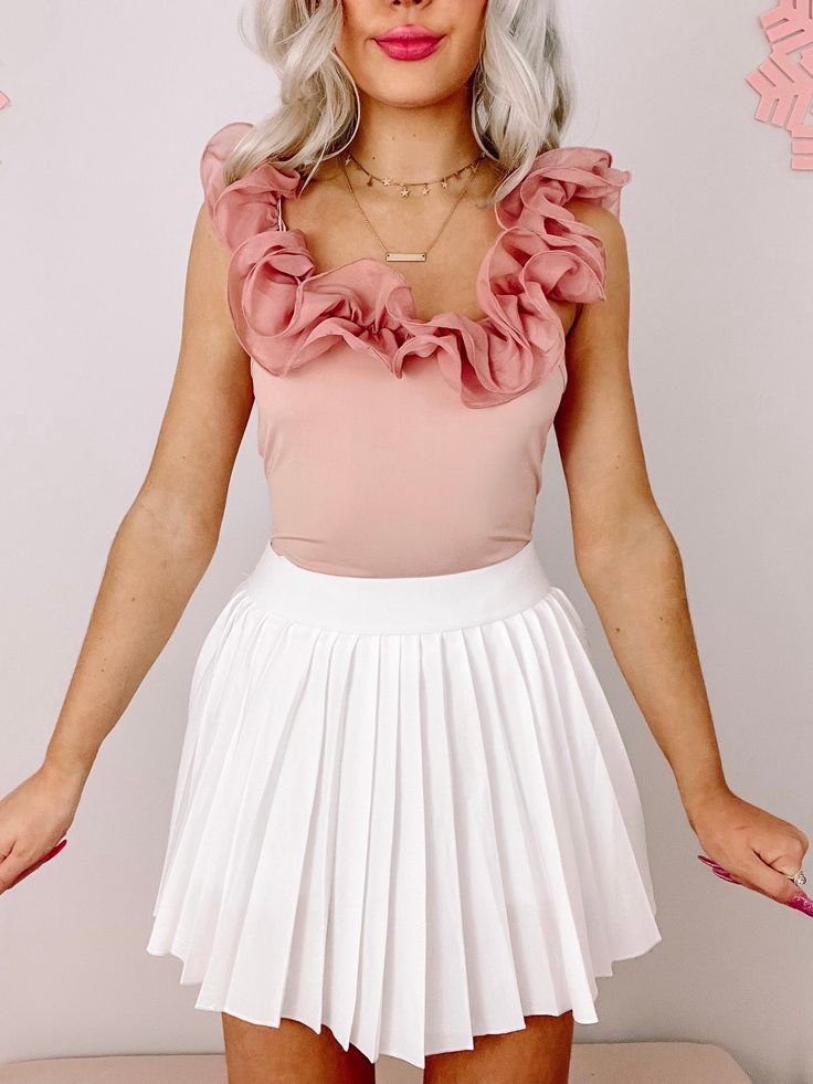 Lennox Ruffle Bodysuit  | Sassy Shortcake | sassyshortcake.com Chic Party Bodysuit With Ruffles, Solid Color Ruffled Bodysuit For Summer, Trendy Fitted Bodysuit With Ruffles, Stretch Bodysuit With Ruffles, Chic Fitted Bodysuit With Ruffles, Chic Fitted Ruffles Bodysuit, Chic Fitted Ruffled Bodysuit, Stretch Ruffled Bodysuit For Party, Stretch Ruffle Bodysuit For Party