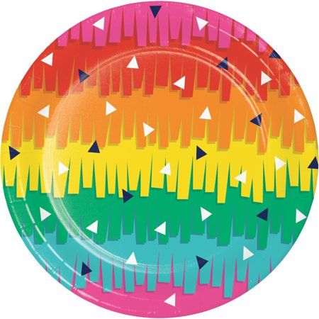 a colorful paper plate with triangles and stripes on the front, in multicolored colors