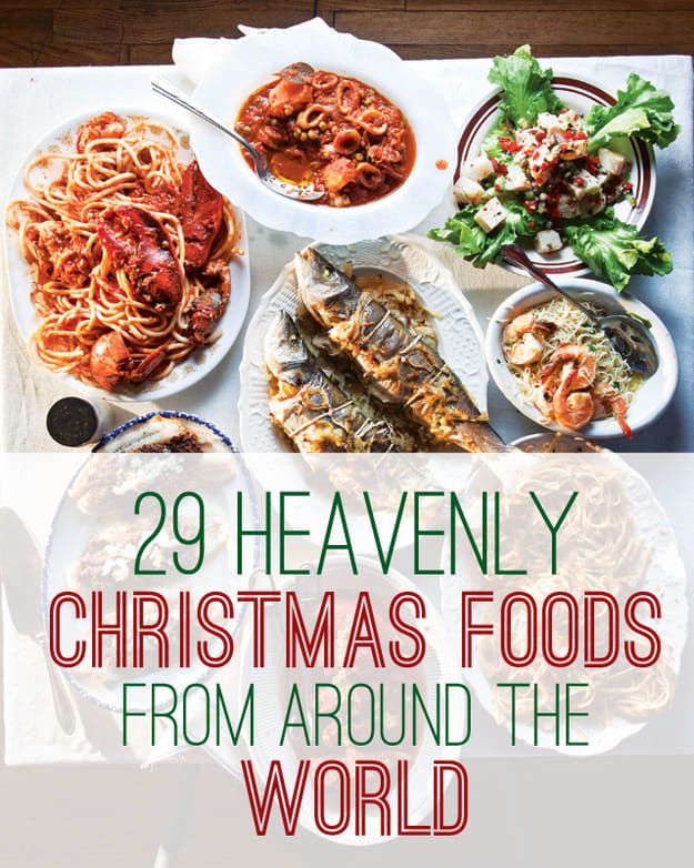 a table full of food with the words 29 heavenly christmas foods from around the world