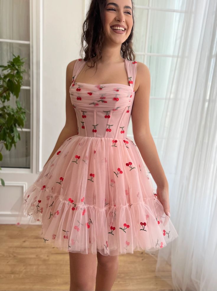 Cherry Cupcake Mini Dress | Teuta Matoshi Freshman Hoco Dresses, Teuta Matoshi, Casual Wedding Guest Dresses, Mini Prom Dresses, Flora Dress, Wedding Dresses With Straps, Dress Item, Formal Cocktail Dress, Dress 2024