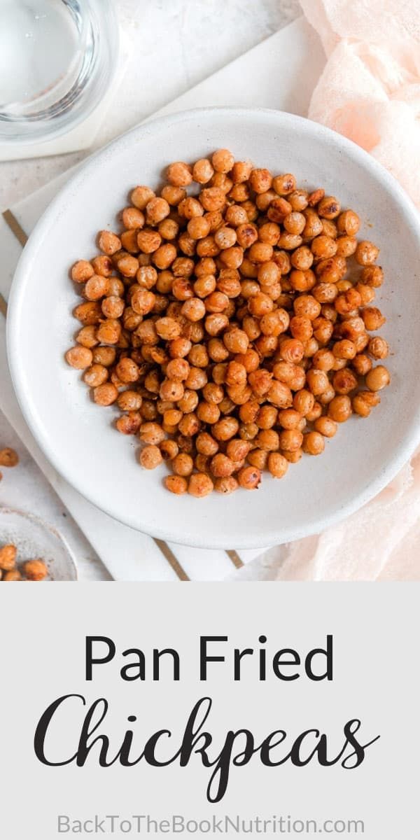 pan fried chickpeas on a white plate with text overlay that reads, pan fried chickpeas