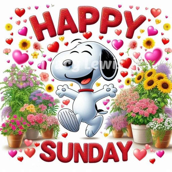 a snoopy dog is standing in front of some flowers and potted plants with the words happy sunday