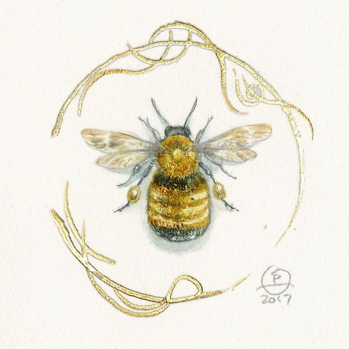 a drawing of a bee on a white background with gold trimming around it's edges