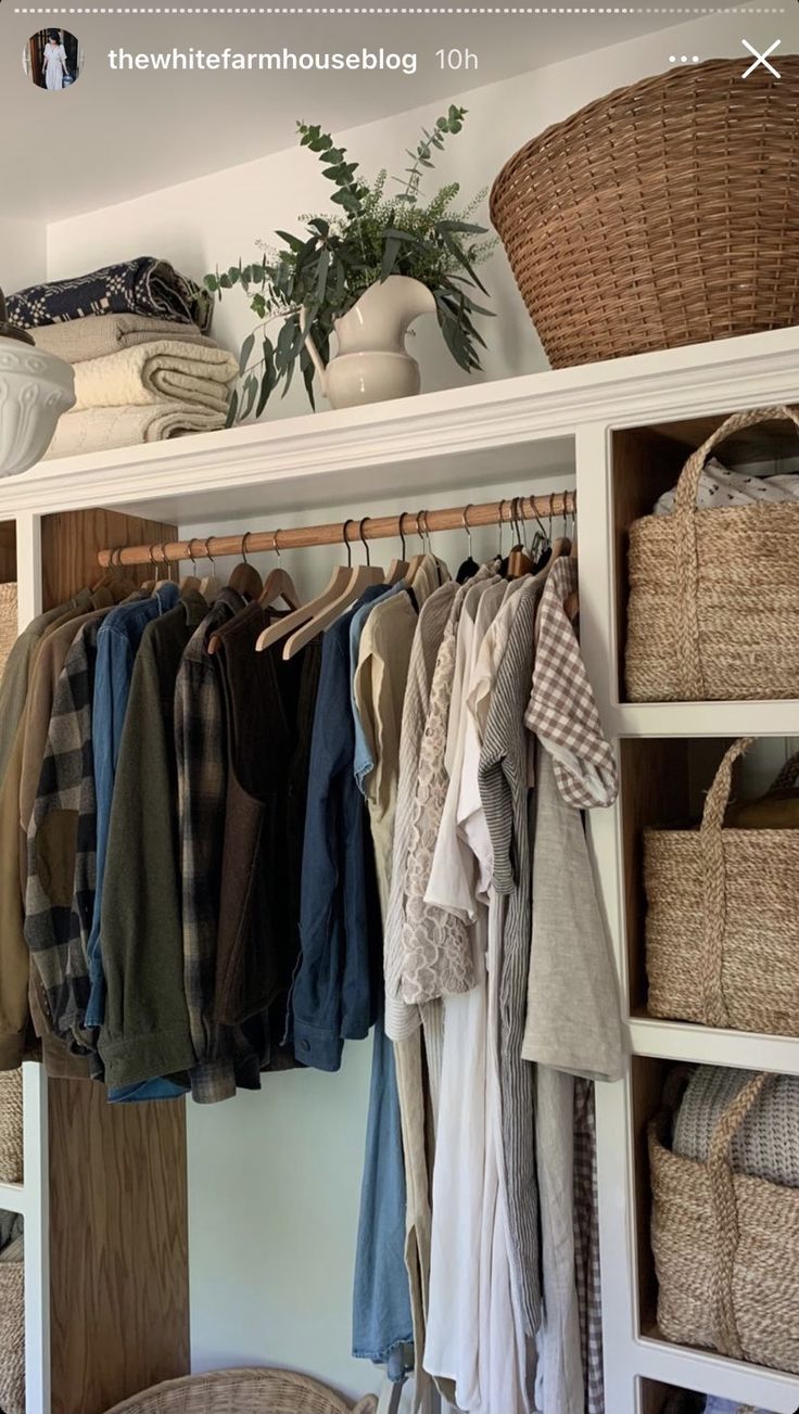 a closet filled with clothes and baskets