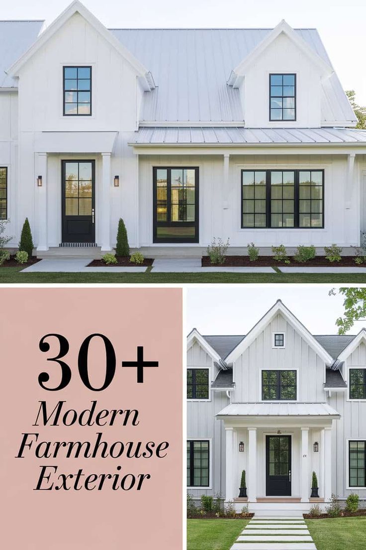 the front and side of a white farmhouse house with black shutters on each door