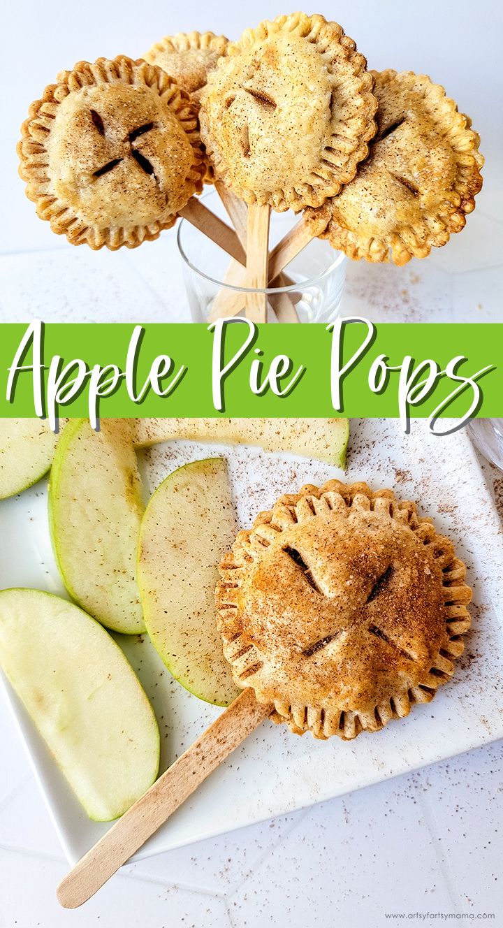 apple pie pops on a plate with apples in the background and text overlay that reads, apple pie pops