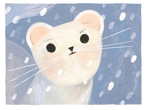 a painting of a white cat with black eyes and nose, standing in the snow